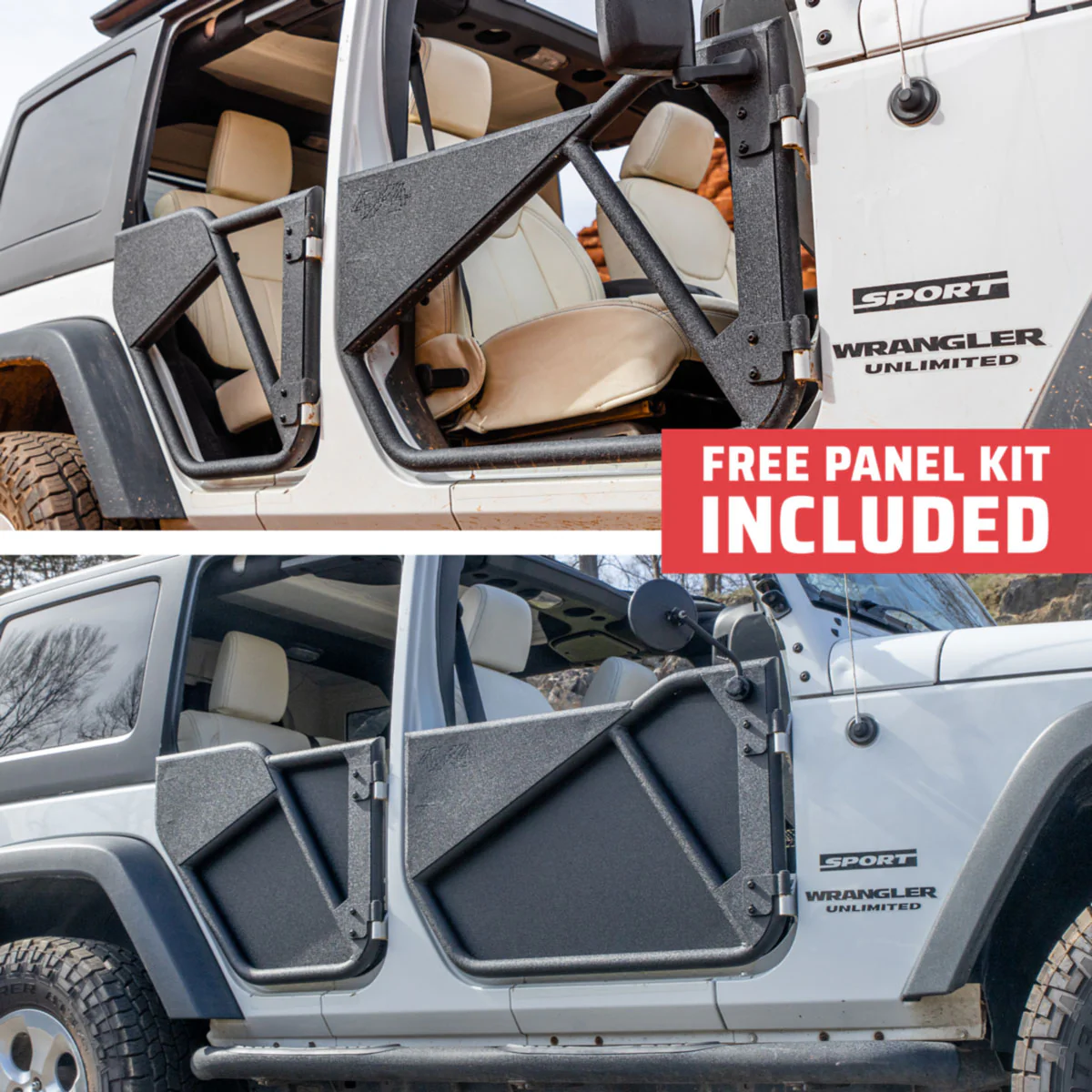 2007–2018 Jeep JKU Wrangler 4DR Phantom Aluminum Tube Doors + FREE Removable All-Weather Solid Panels (Upper & Lower)