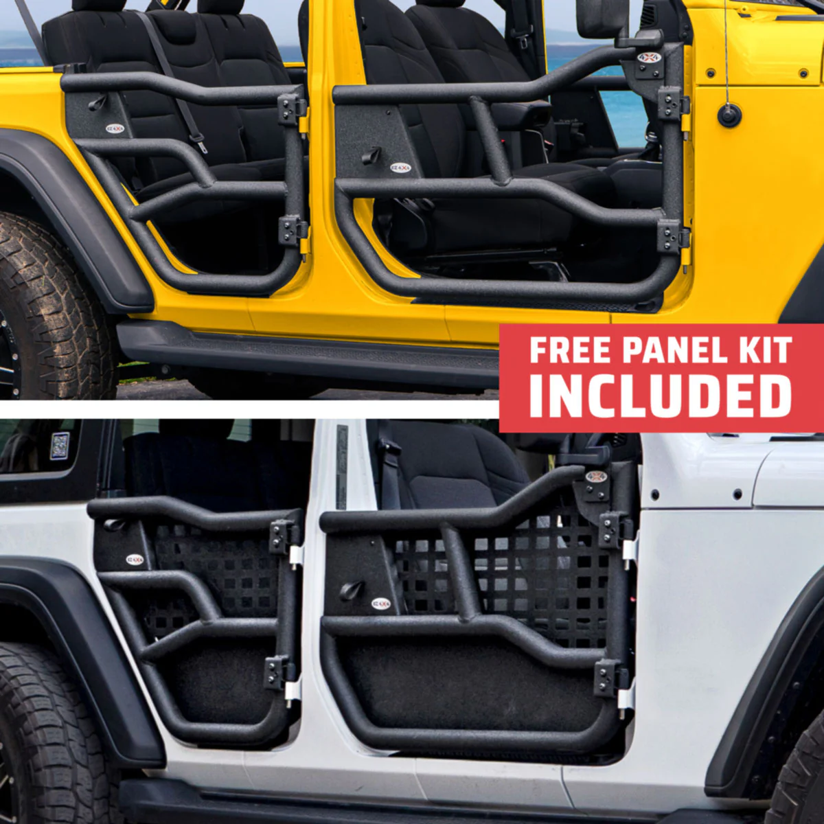 2007–2018 Jeep JKU Wrangler 4DR Alpha Aluminum Tube Doors + FREE Removable Panels (Upper MOLLE & Solid Lower)