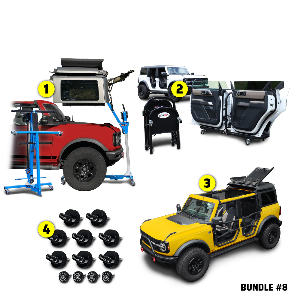 2021 & Up Bronco 4DR (FlipTop + Middle Panel Roof Rack Holder + Hard Top Lift + Door Cart + Hard Top Thumb Screws) Go Fully Naked Bundle #8